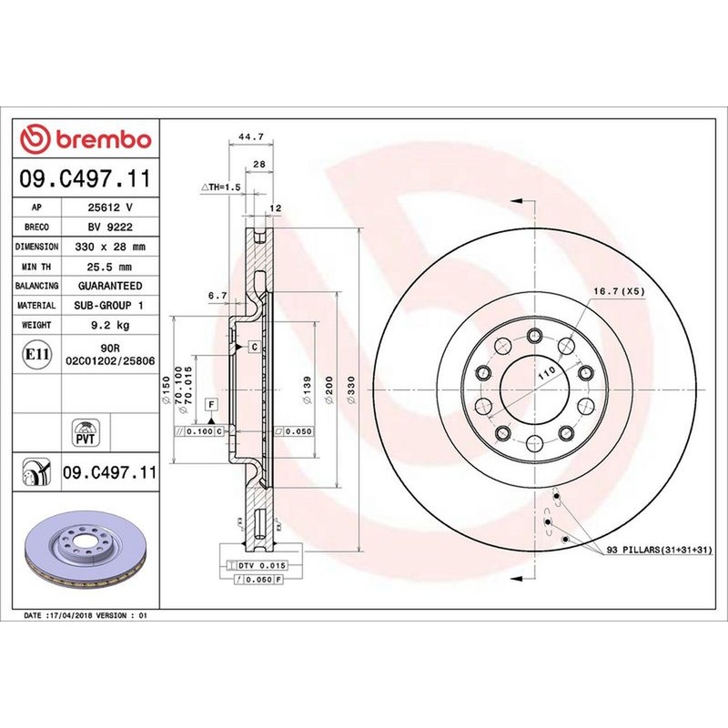 Brembo Prime Line UV Coated Vented Brake Disc 09.C497.11 Fits Alfa Romeo