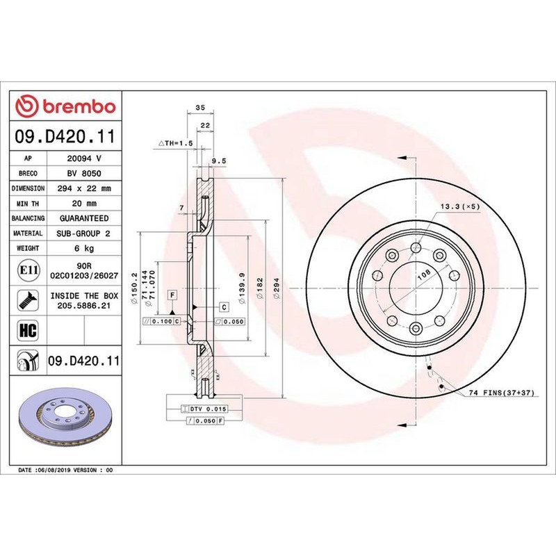Brembo Prime Line UV Coated Vented Brake Disc Pair – 09.D420.11 – High Quality