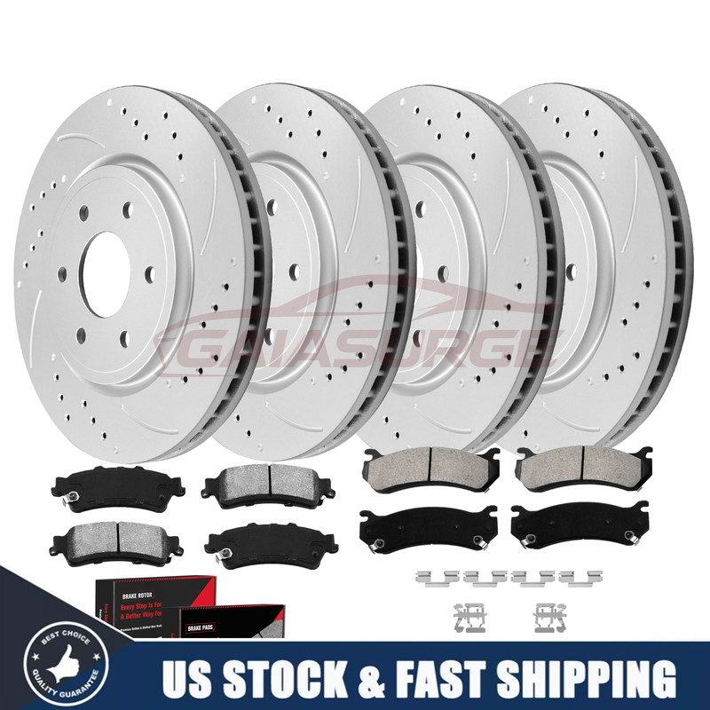 Front Rear Drilled Rotors Brakes Pads For Chevy Silverado GMC Sierra 1500 Yukon