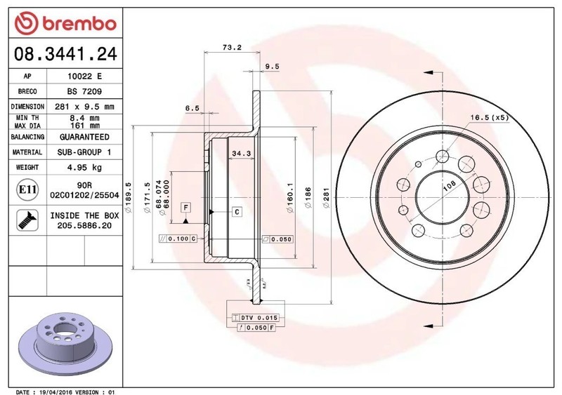 Brembo 08.3441.24 Prime OE Equivalent Solid Brake Rotors - Rear Pair gallery
