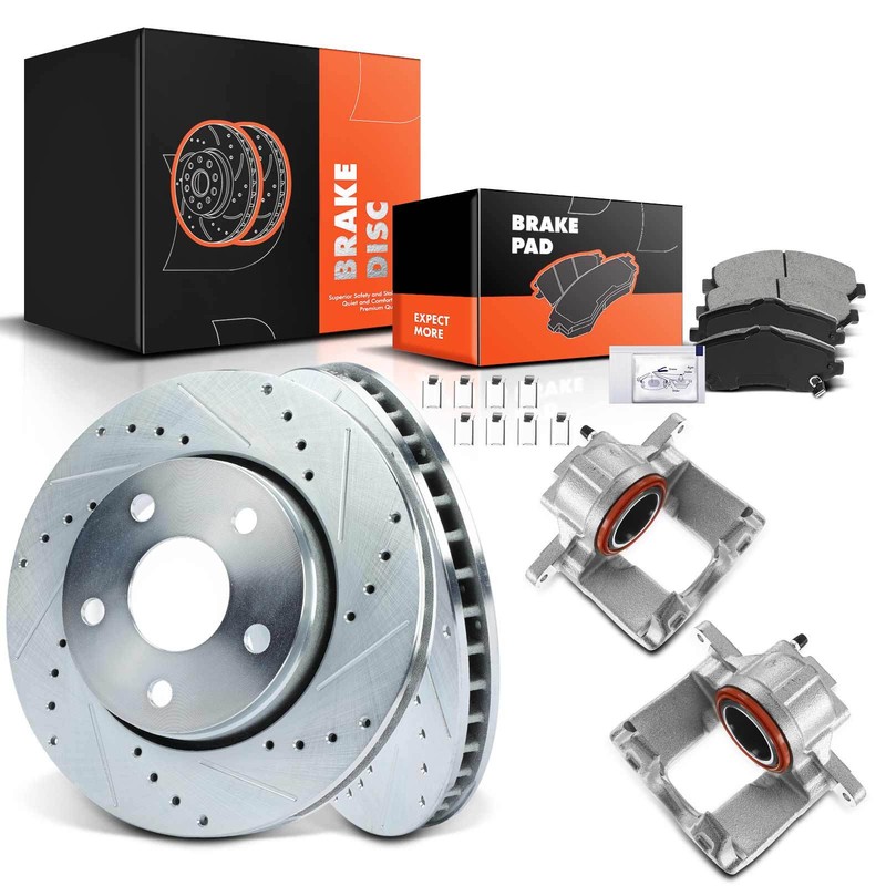 Front Drilled Brake Rotors & Pads + Brake Caliper for Jeep Wrangler 2013-2017