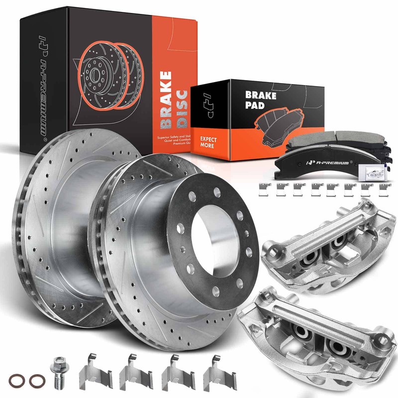 Rear Drilled Brake Rotor & Pad+Brake Caliper for CV Silverado GMC Sierra 3500 HD