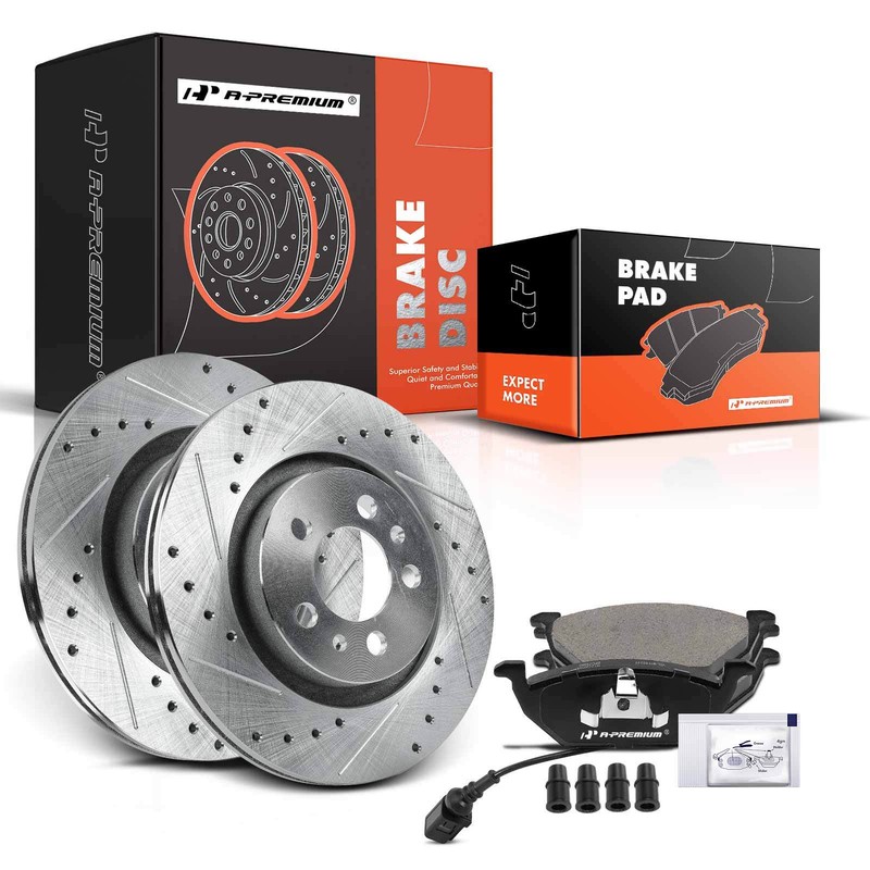 Drilled Brake Rotor + Brake Pad Front for VW Beetle 2000-2010 Golf 00-06 Jetta