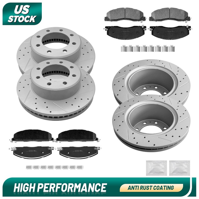 Front Rear DRILLED Disc Rotors + Brake Pads for 2009-2018 Dodge Ram 2500 3500