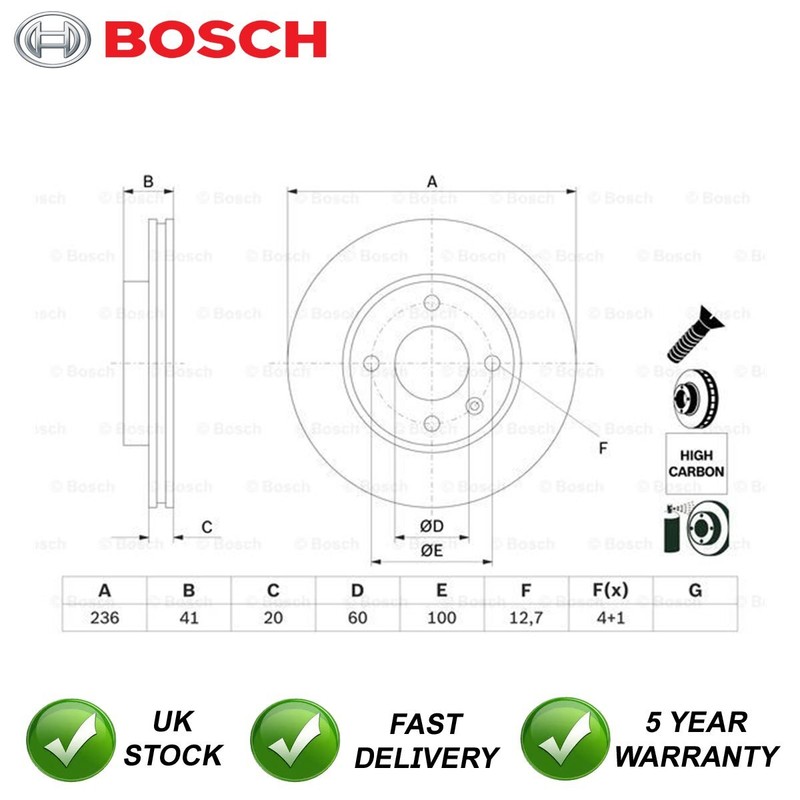 Brake Disc Front Bosch Fits Vauxhall Viva 2015-2019 1.0 #1 569130 13584676