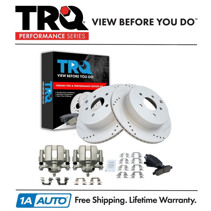 TRQ Rear Ceramic Pads Drilled Slotted Coated Rotors & Calipers Kit for Nissan