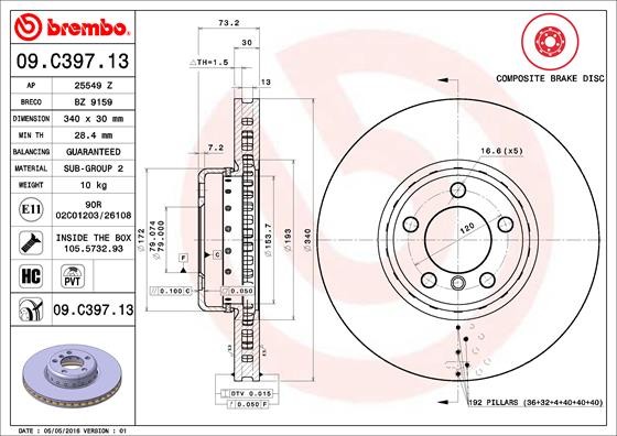 Brembo 09.C397.13 Brake Disc for BMW, BMW (Brilliance)