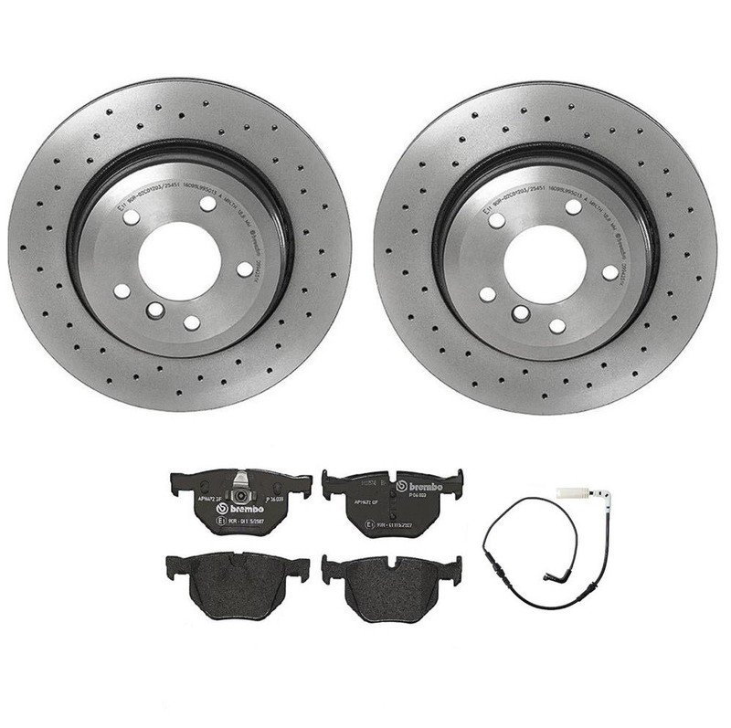 Brembo Xtra Rear Brake Kit Low-Met Pads Sensor X-Drilled Disc Rotors For BMW E60