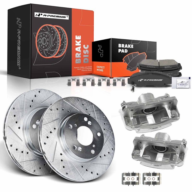 Front Drilled Rotor & Brake Pads + Calipers for Acura CSX 2006-2011 Honda Civic