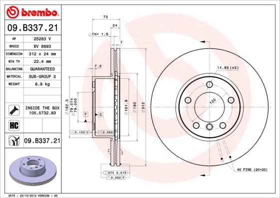 Brembo 09.B337.21 Brake Disc for BMW, BMW (BRILLIANCE)
