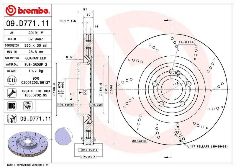 Brembo 09.D771.11 Brake Disc for Mercedes-Benz, Mercedes-Benz (BBDC)
