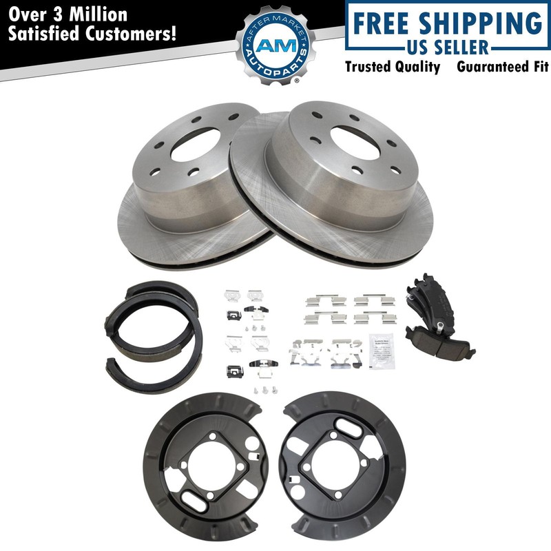 Rear Ceramic Disc Brake Pad Rotor Shoe & Backing Plate Kit for Chevy GMC