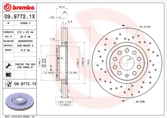 Brembo 09.9772.1X Brake Disc for Audi,Audi (FAW),Cupra,Seat,Skoda,Skoda (SVW),VW