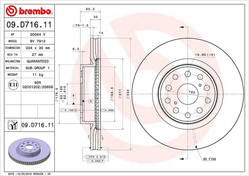 Brembo 09D71611C02 Brake Rotor Vented Wheel Bolt Pattern 5 X 4.72 Inch Single