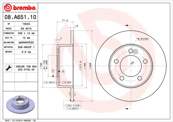 Brembo 08.A651.10 Brake Disc for Nissan, Opel, Renault, Vauxhall