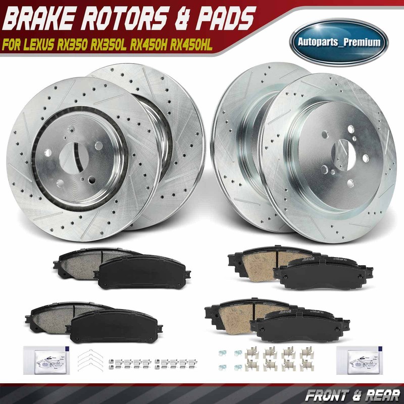 12x Front & Rear Left & Right Drilled Rotors & Brake Pads for Lexus RX350 RX350L