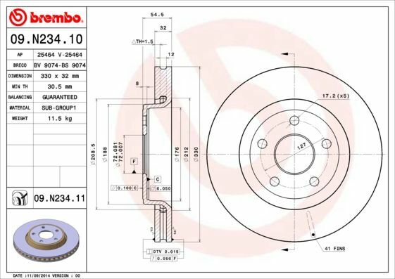 FRONT BRAKE DISCS FOR GRAND CHEROKEE IV NEW PAIR OF Brembo 09.N234.11 REDUCED