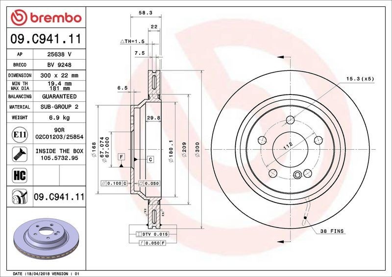 2X Brembo 09.C941.11 Rear Vented Brake Discs Fits Mercedes 38S S-Class Sl gallery