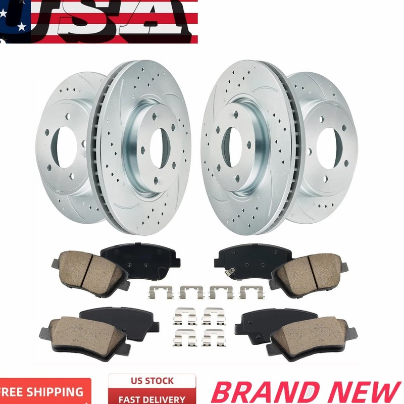 Front Rear Drilled Rotors Ceramic Brake Pads Kit for Kia Hyundai Sonata Optima