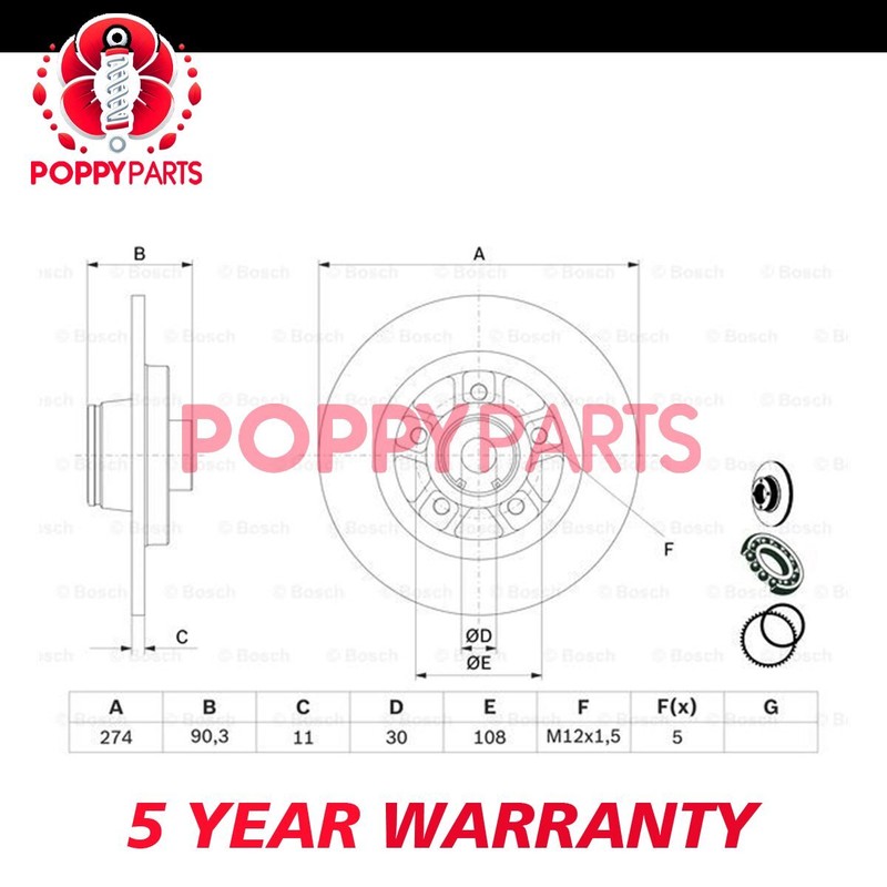 Fits Renault Kangoo 2008-2024 Mercedes Citan 2012-2021 Brake Disc Rear Poppy