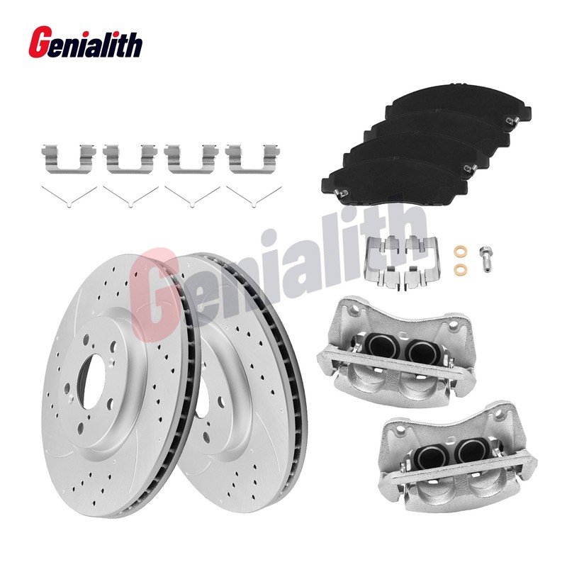Front Drilled Brake Rotors Pads + Calipers for 10 2011 2012 2013 Acura MDX ZDX