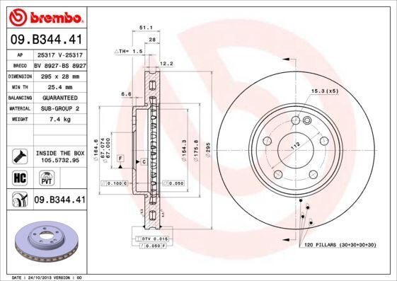 2x Brake Discs Front Internally Vented Fits Mercedes-Benz BREMBO 09.B344.41 gallery