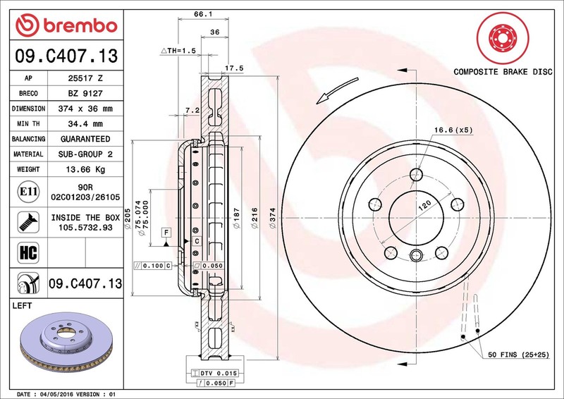 Brake Disc Single Vented fits BMW 740 F01 3.0 08 to 09 374mm Brembo 34106894383 gallery