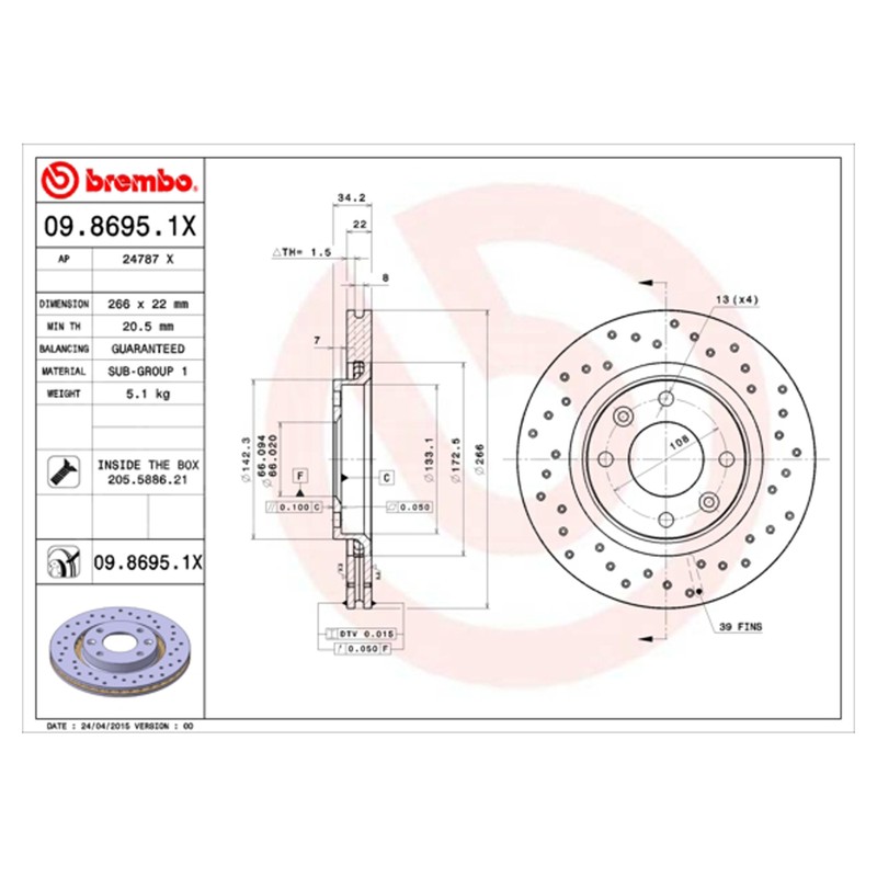 BREMBO XTRA Vented Brake Disc Pair – Drilled – 09.8695.1X – OE Equivalent