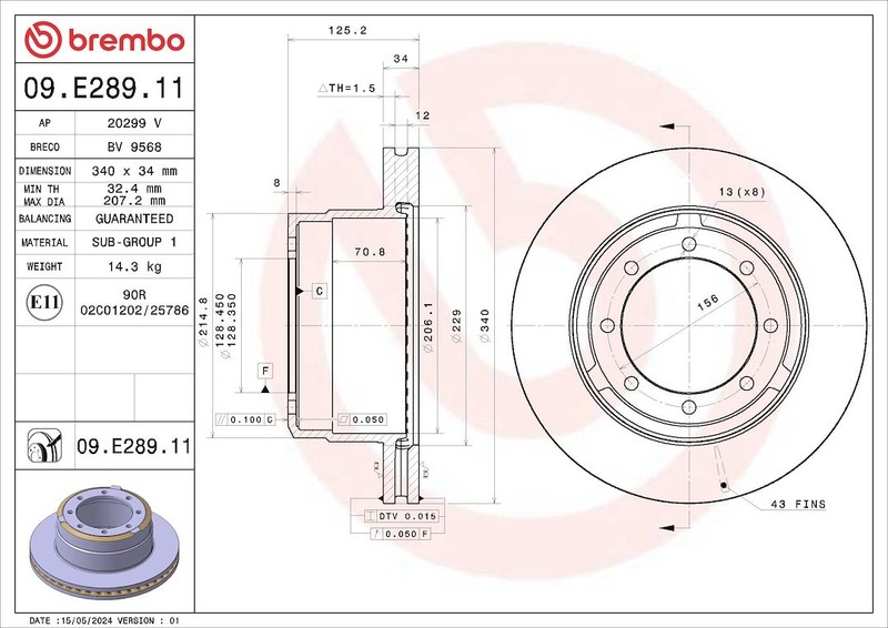 Brembo 09E28911C02 Brake Rotor Prime Vented Wheel Bolt Pattern 8 x156mm Single