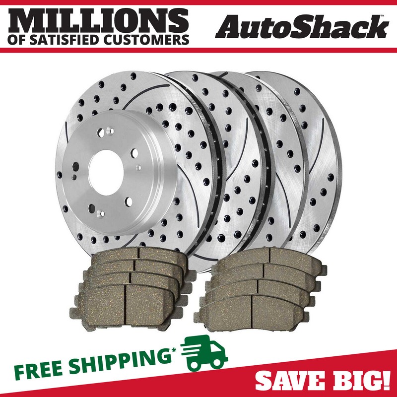 Front & Rear Drilled Slotted Brake Rotors Silver & Pads for Honda Pilot 3.5L V6