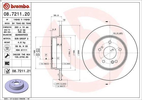 1X Brake Disc Brembo 8.7211.21 for Mercedes-Benz CLK (C209) 3 2005-2009