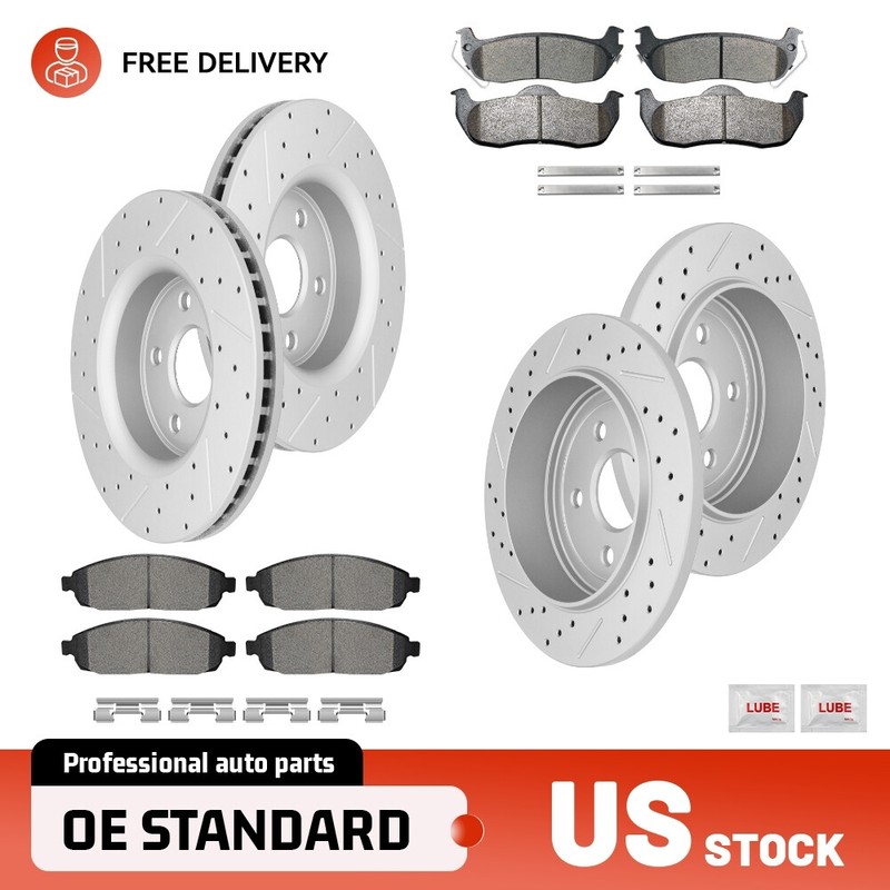 Front+Rear Drilled Rotors Brake Pads for Jeep Grand Cherokee 2005-2010 No SRT8