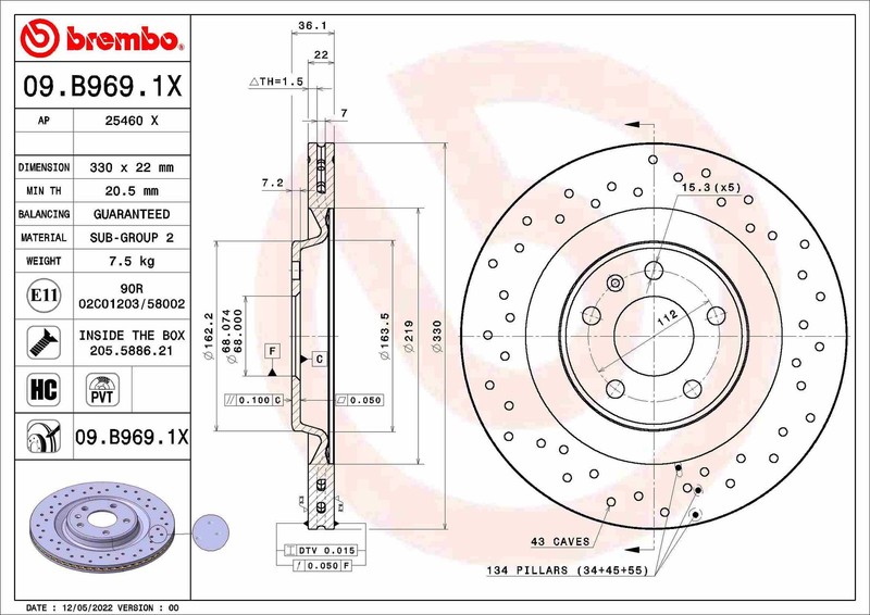 Brembo 09.B969.1X Brake Disc for Audi, Audi (FAW), Porsche, VW, VW (SVW)