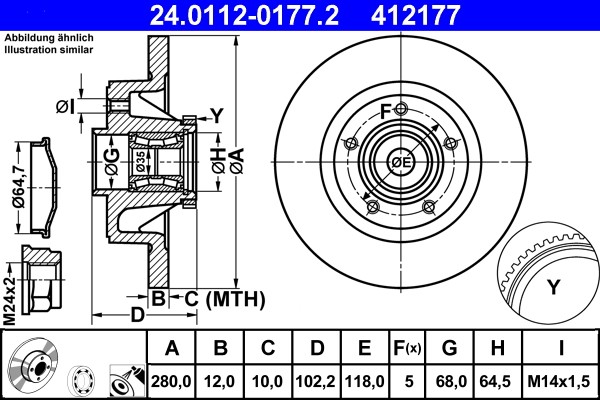 ATE 24.0112-0177.2 Brake Disc for Nissan, Opel, Renault, Vauxhall