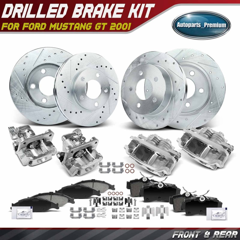 Front &Rear Drilled Brake Rotors & Pads + Brake Caliper for Ford Mustang 2001 GT