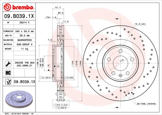 2X 09.B039.1X Brembo Brake Disc for Audi, Audi (FAW)