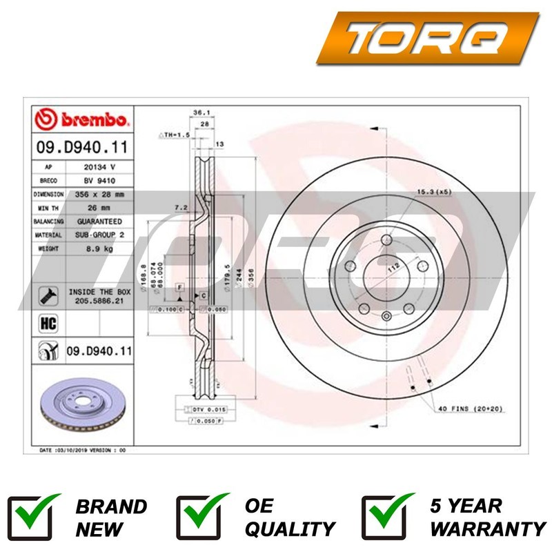 Brake Disc Rear Torq Fits Porsche Macan 2014- 2.0 3.0 D 3.6 + Other Models