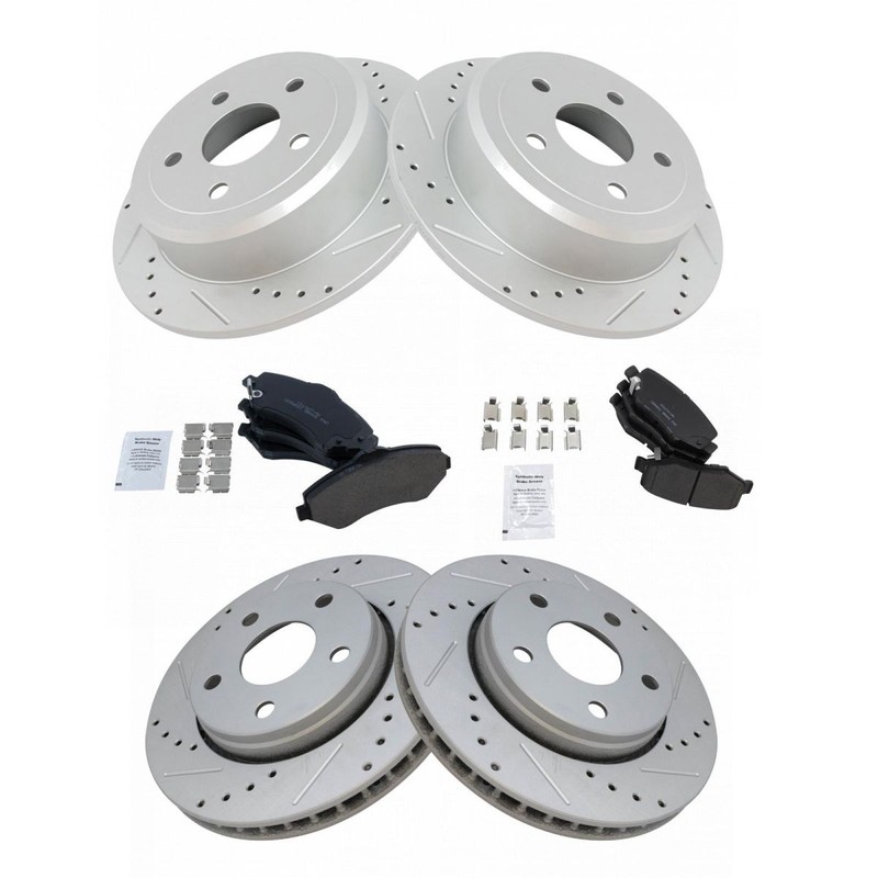 TRQ Performance Drilled Slotted Brake Rotor Posi Ceramic Pad Front Rear Kit gallery