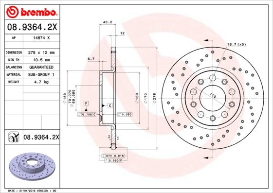 Brembo 08.9364.2X Brake Disc for Alfa Romeo, Fiat, Jeep, Jeep (GAC FCA)