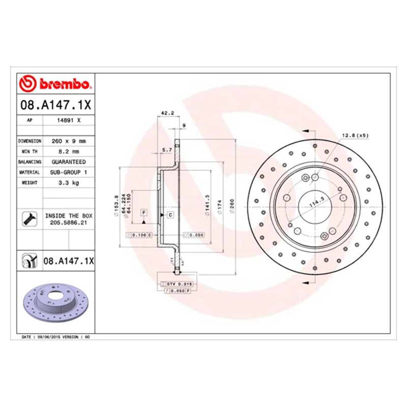 BREMBO XTRA Solid Brake Disc Pair with screws – Drilled – For Honda – 08.A147.1X
