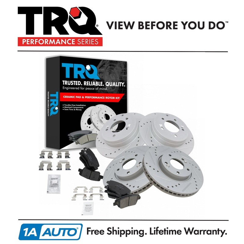 TRQ Performance Brake Rotor Drilled Slotted & Ceramic Pad Front & Rear Kit