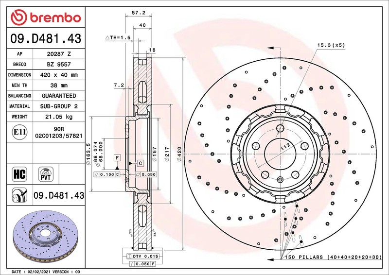 Brake Disc Single Vented fits AUDI RS6 C8 4.0 Front 2019 on 420mm Brembo gallery