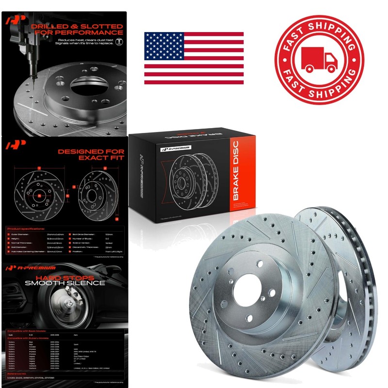 High Performance 11.56 Inch Brake Rotors Cast Iron Front Drilled and Slotted Set