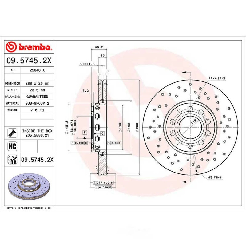Front Left or Right Disc Brake Rotor BREMBO 09.5745.2X fits 2002-2008 Audi A4