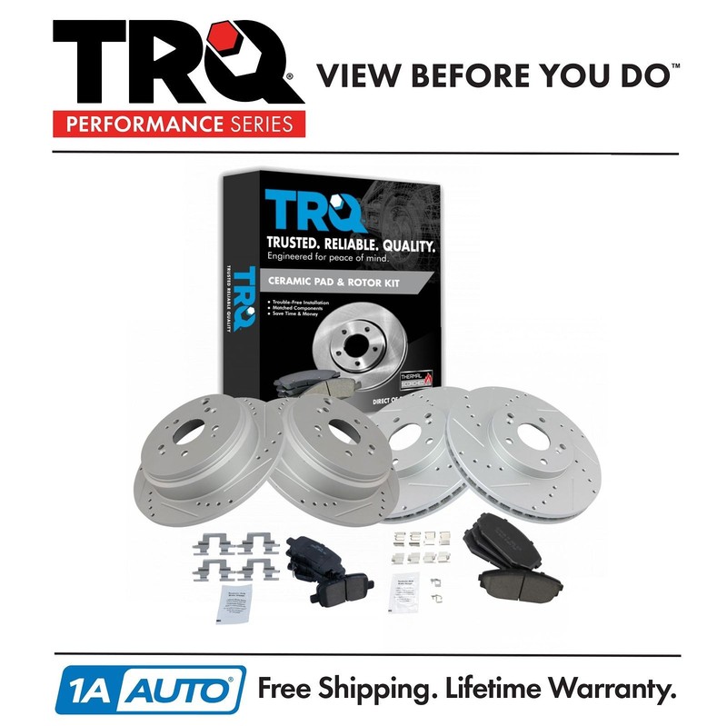 TRQ Front & Rear Performance Drilled Slotted Rotor & Ceramic Brake Pad Kit