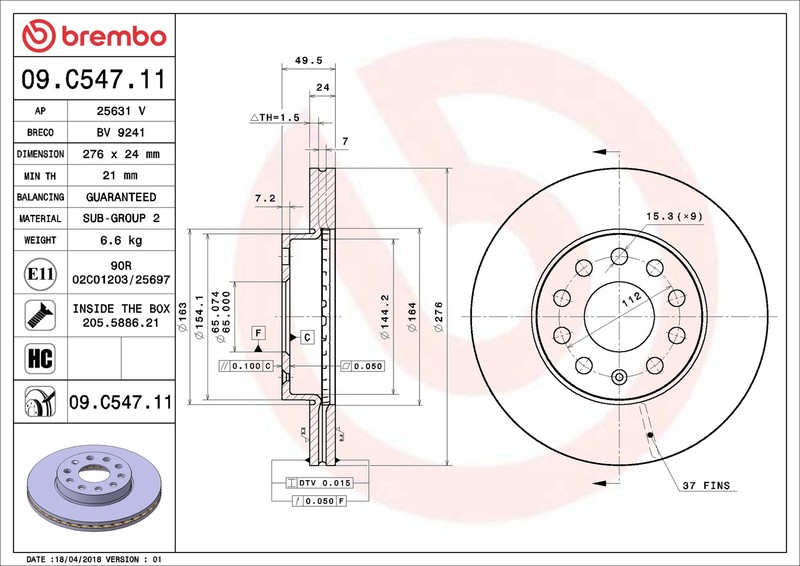 2x Brake Discs Pair Vented fits AUDI A3 8V 1.8 Front 2012 on 276mm Set Brembo gallery