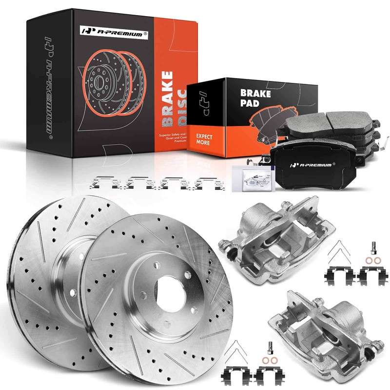 Front Drilled Brake Rotor & Pads + Wheel Hub & Bearing for Honda Fit 2007 2008