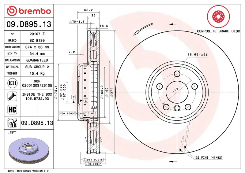Brembo 09.D895.13 UV Coated Plain Vented Front Left Rotor for 2022-2026 BMW i4 gallery