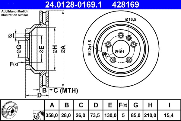 ATE 24.0128-0169.1 brake disc for Audi, Porsche, VW