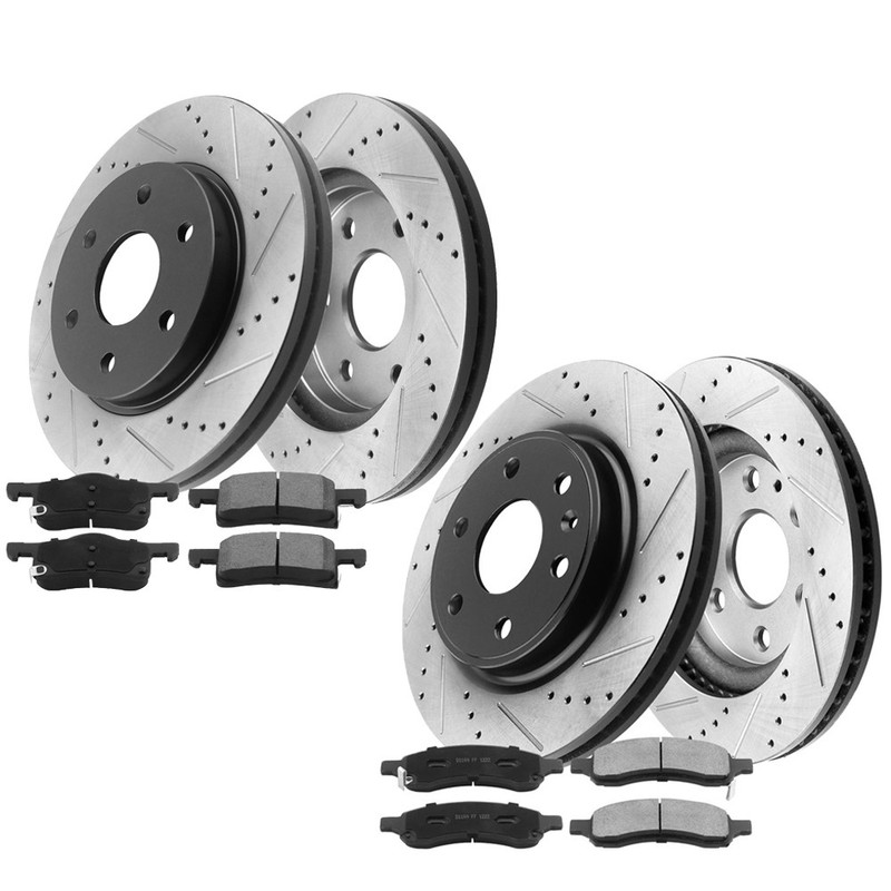 Front Rear Drilled Slotted Rotors And Pads for Chevy Traverse GMC Acadia H17 TX